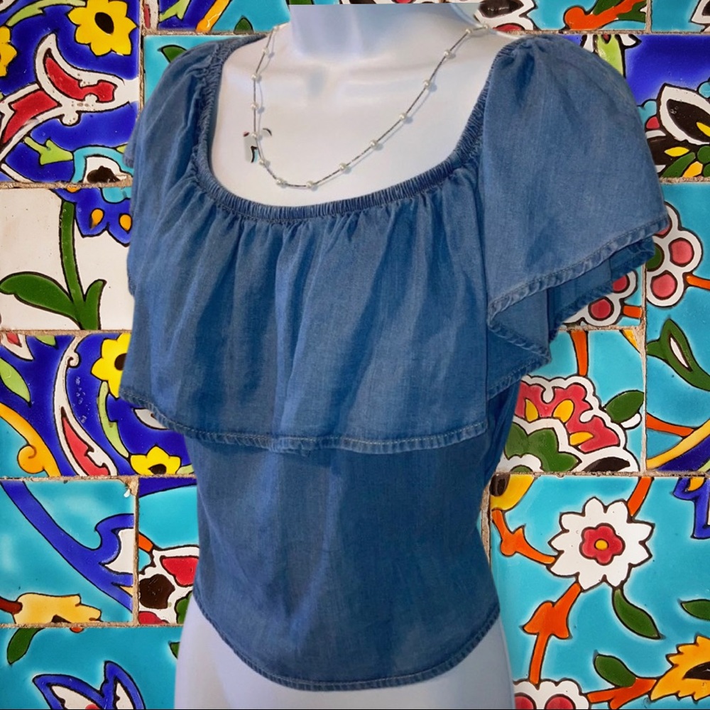 Haute Monde Ruffle Top, Size Medium, Blue. - Picture 2 of 12